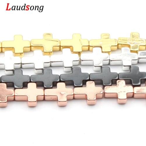 Rose Gold Black Jesus Cross Shape 15'' Natural Hematite Beads Spacer Stone Beads For Jewelry Making DIY Bracelet 8x10mm