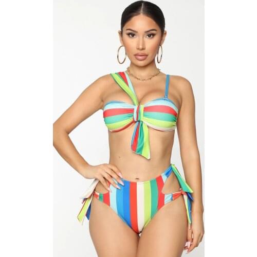 Sexy Bandeau Push Up Brazilian Bikini Set Stripe One shoulder Swimwear Women String Bandage Bikinis Bathing Suit Female Biquini
