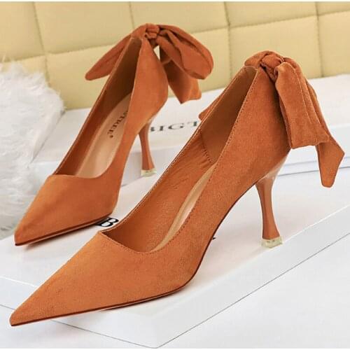 BIGTREE Shoes Bow-knot Women Pumps Suede Kitten Heels Fashion Womens Shoes 2021 New Pointed Toe Women Heels Ladies Shoes Pumps