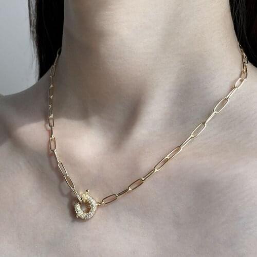 U-Magical Stylish Circle Hollow Out Geometric Rhinestone Pendant Necklace for Women Gold Metallic Chunky Chain Necklace Jewelry