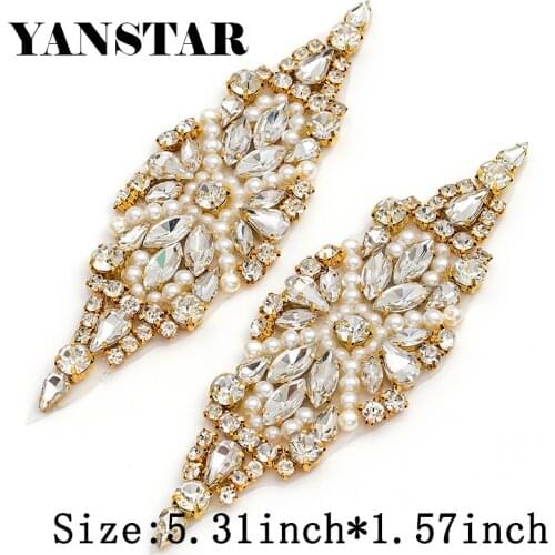 YANSTAR (5pcs)Wholesale Rhinestone Appliques Bridal Handmade Silver Crystal Pearl Appliques For Wedding Dress Belt YS981