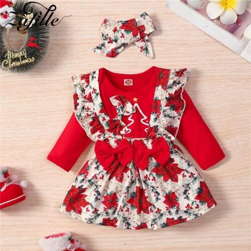 ZAFILLE ZAFILLE Baby Christmas Clothes Set Baby Girl Winter Clothes Baby Romper+Bow+Plaid Skirts Set My First Christmas Clothes