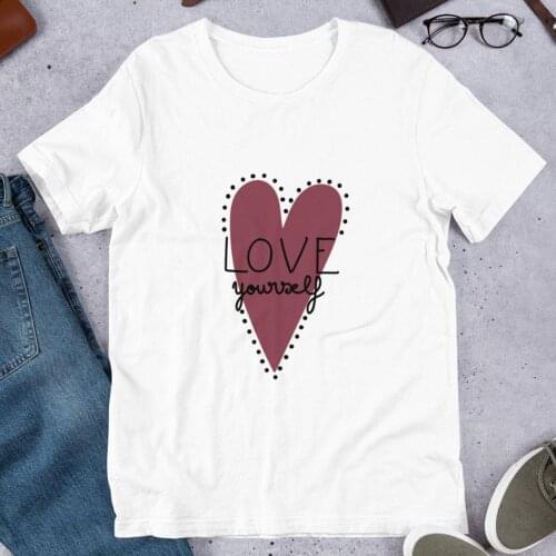 Love Yourself Heart Print Short Sleeved Harajuku Top Casual Ladies Basic O-collar Women T-shirt Girl,Drop Ship
