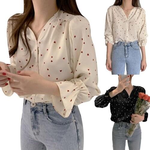 Fashion Women Heart Long Sleeve V Neck Button Up Chiffon Loose Blouse Top Shirt