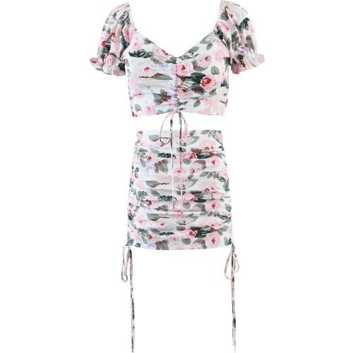 2021 Summer Women Sets Short Sleeve V-neck Blouse and Mini Skrits Vocation Holiday Sets