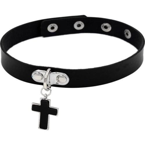 Goth Cross Pendant Necklace for Women Punk Choker Adjustable Soft PU Leather Collars Cute Party Jewelry