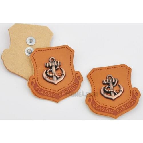 20pcs/lot 3.5cm Brown PU leather sew on Badges with antique copper brush metal plates clothing label for jeans/jacket PLB-024