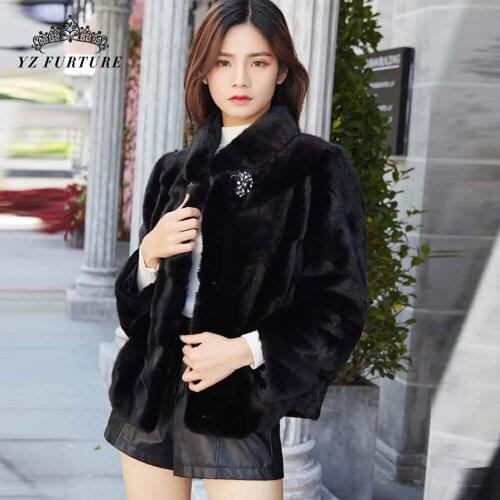 2021 New Winter New Style Fur Coat All Natural Mink Stand Collar Real Mink Fur 60cm Coats Fur Fashion Slim Fur Black Overcoat