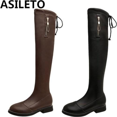 ASILETO INS ZA Women Knee High Boots Full Cow Leather Warm Boots Thick High Heels Motorcycle Boots Punk Shoes Woman High Boots