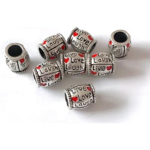 10pcs Zinc Alloy Big Hole Red Enamel Heart Live Love Laugh Beads Fit European Charm Bangles For Women DIY Bead Jewelry Pulsera