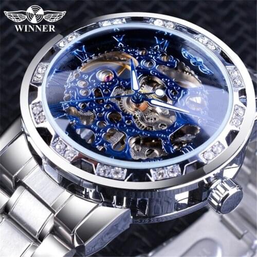 Winner Brand Luxury Golden Retro Luminous Hands Fashion Diamond Display Mens Mechanical Skeleton Wrist Watches Full Steel Clock