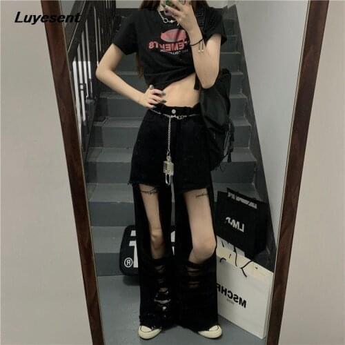 Black Gothic Lady Cool Street Jeans 2021 Summer Punk Women Big Hollow Out Split Sexy Denim Pants Dark Goth Distressed Long Pant