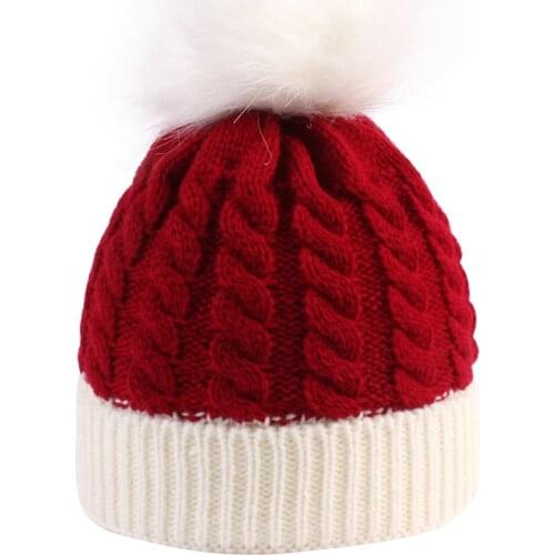 Baby 2021 Christmas Beanie Cap Classic Color Block Winter Warm Cable Knit Hat with Fur Pom for Boys and Girls