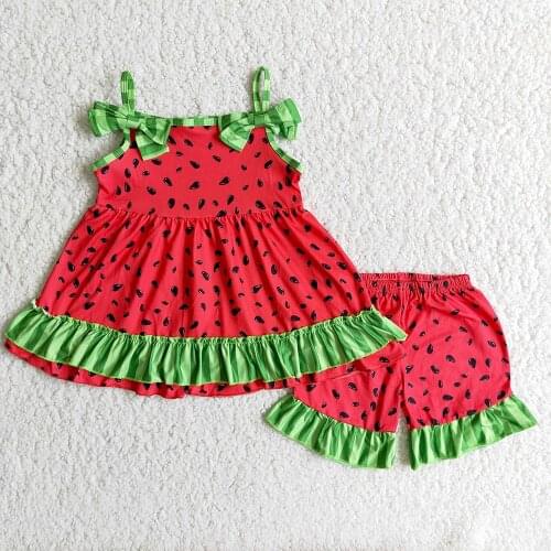 Best Selling Children Summer Sleeveless Clothing Set Baby Girls Sweet Style Watermelon Print Outfit With Bows