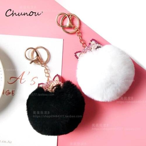 Cute Fox Key Chain Handmade Rabbit Fur Pompon Ball Inlaid Rhinestone Bag Pendants Decoration Popular Jewelry Charms Keychain