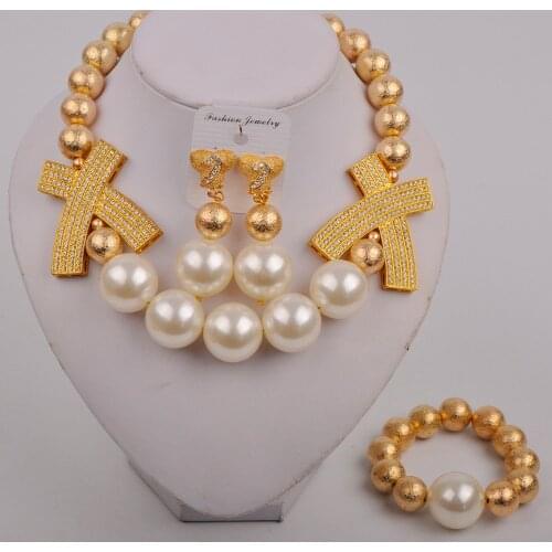Fashion Nigerian Woman Wedding African Beads Jewelry Set Pearl Necklace Fashion Dubai Gold Color Bridal Gift
