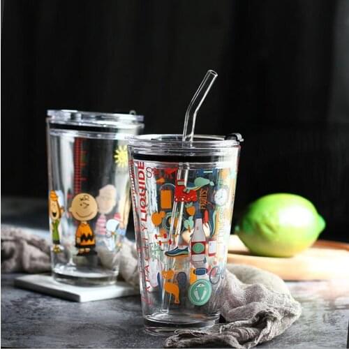 Animal Cartoon Carton Glass Water Bottles Family Digital Glass Measuring Cup Milk Coffee Glass Cup With Lid Tea Straw Mug