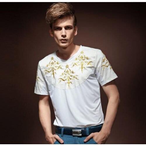 FanZhuan free shipping New casual mens male short sleeved Palace style short-sleeved V-neck embroidery pattern t-shirt 13117