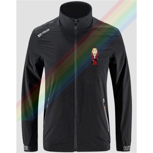 LA CASA DE PAPEL Mask Male With A Gun Slim Sport Jacket Mens Outdoor Zippered Comfortable Soft Jacket Men Casual Front Printing