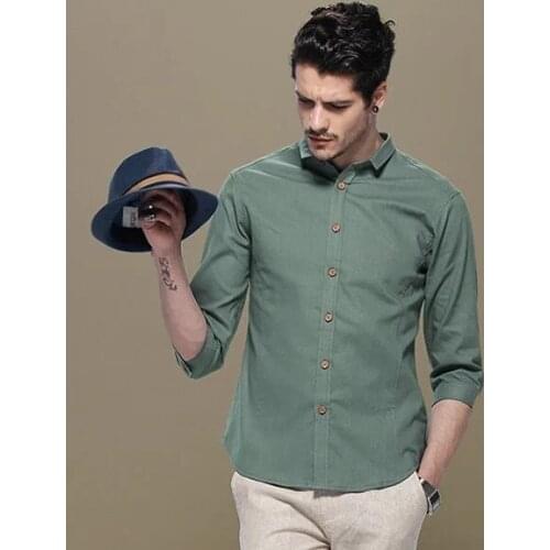 Mens Cotton Shirts Three Quarter Slim Fit Linen Shirts Mens Turn Down Collar Flax Dress Shirts Solid Mens Clothing Camisa TS-115