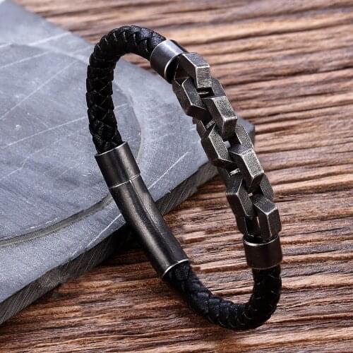 Punk Brushed Bike Chain Leather Bracelet Oxidized Dark Bicycle Chain Men Bracelet Fashion Male 316L Stainless Steel Hand Chain