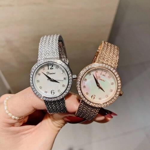 Luxury Brand Crystal Quartz WristWatch 10 Diamond Stainless Steel Watch Sign Letter Logo Mother of Pearl Shell Dial Clock