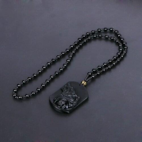 Hand Carved Natural Genuine Obsidian Howling Wolf Head Amulet Pendant Necklace