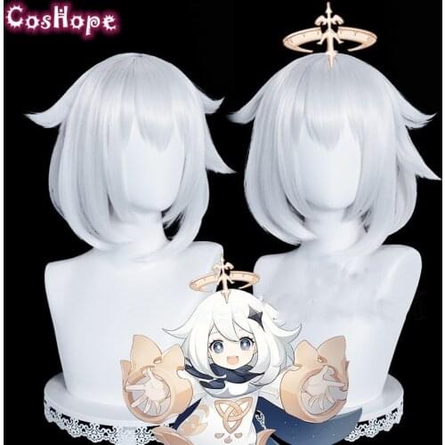 Genshin Impact Paimon Cosplay 36cm Short Silver White Wig Cosplay Anime Cosplay Wigs Heat Resistant Synthetic Wigs Halloween