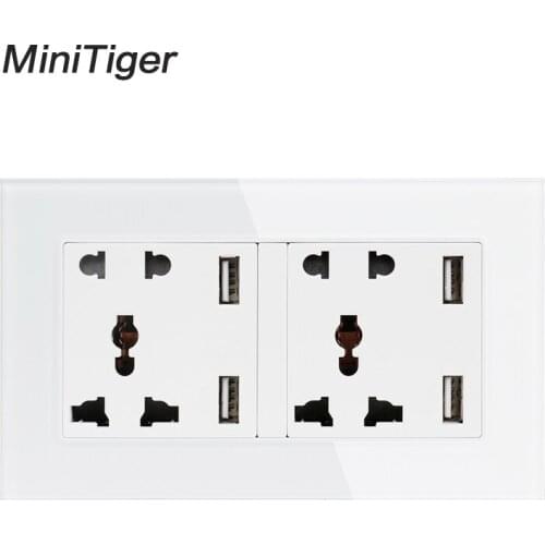 Minitiger Wall Socket Dual Universal 5 Hole Power Outlet With 4 USB Smart Induction Charger Port for Mobile Tempered Glass Panel