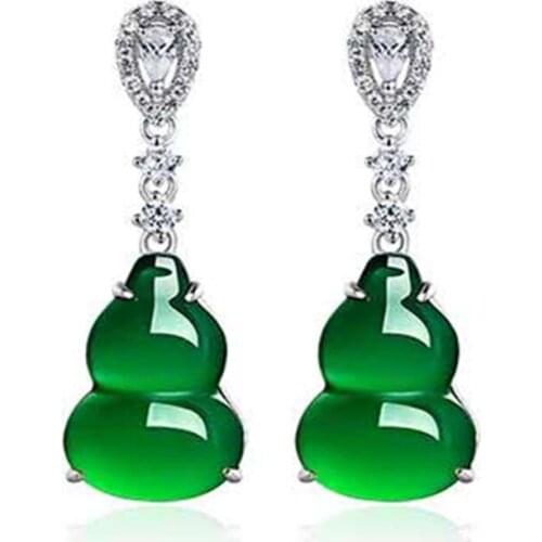 Natural Green Jade Chalcedony Gourd Earrings Drop 925 Silver Chinese Carved Charm Jadeite Jewelry Fashion Amulet for Women Gifts