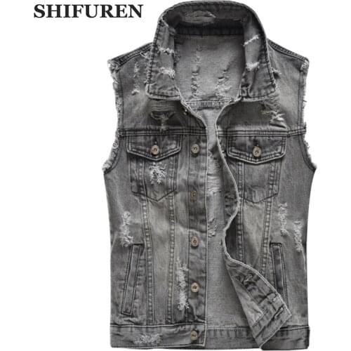 SHIFUREN Vintage Mens Cotton Jeans Vest Sleeveless Jackets Retor Ripped Hole Cowboy Frayed Denim Waistcoat Tanks Size S-2XL