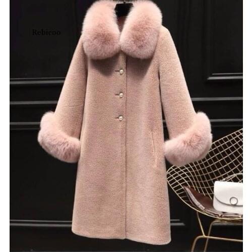 Women Luxury Fake Fox Fur Collar Women Jacket Real Wool Fur Coats Long Warm Sheep Shearling Winter Coat Jacket