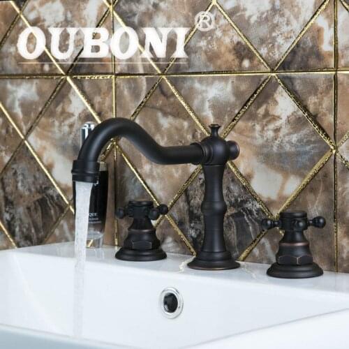 OUBONI Oil Rubbed Black Bronze 3 Pieces Bathroom Wash Basin Sink Brass Vessel Bathtub Torneira Tap Mixer Faucet Double Handles