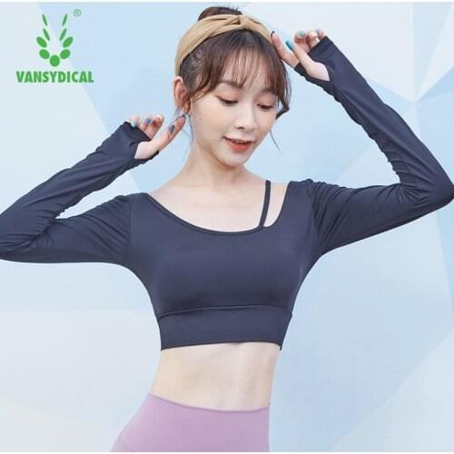 VANSYDICAL Yoga Shirt Women Compression Soild Long Sleeve Crop Top with Shoulder Band Running Sportswear for Women Gym Blouse