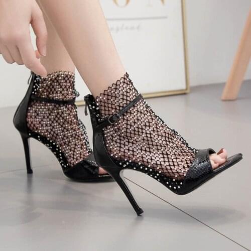 2020 NEW Summer Glitter Gladiator Air mesh Sexy Sandals Shoes Woman High Heel Peep Toe Stripper Zipper Party Thin Heels Pumps
