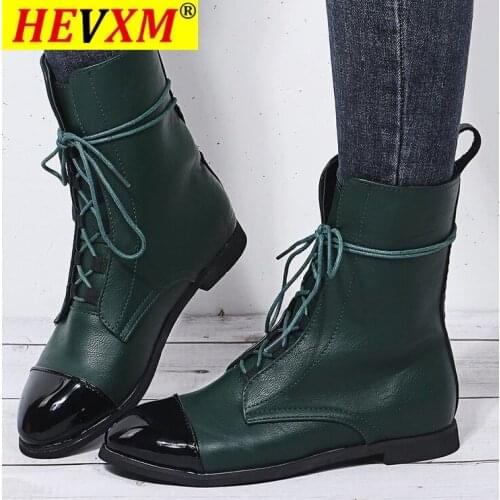 2020 Leather Ankle Boots Women Autumn Winter Pointed Toe Lace Up Shoes Woman Fashion Motorcycle Flat Botas Mujer Plus Size