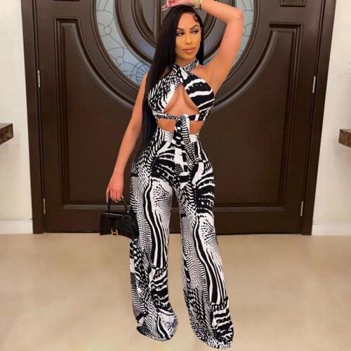 2021 Summer Beach Sexy Bra Cropped Top Wide Leg Pants Two-Piece Ladies Halter Lace-up Set Streetwear Vacation Matching Set New