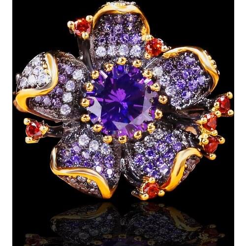 925 Silver Ring for Women Unique Black Gold Flower-shaped Womens Ring Purple Zircon Shiny Jewelry Elegant Party Sweater Chain