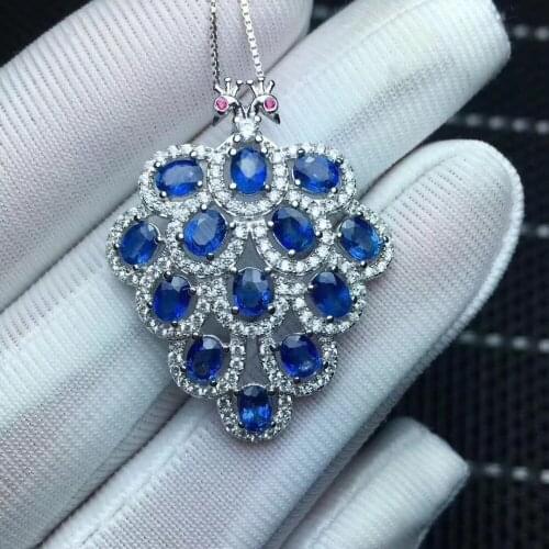 Natural blue sapphire gem romantic double Peacock Pendant natural gemstone pendant necklace S925 silver girl party fine jewelry