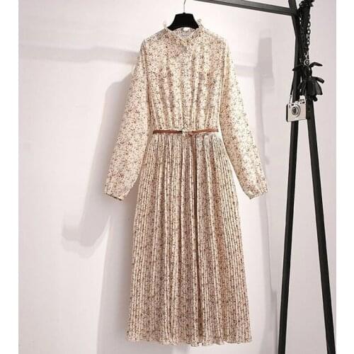 French Vintage Chiffon Dress Women Long sleeve O-Neck Office Elegant Pleated Dress Female 2021 Spring Piece print Dress Korean