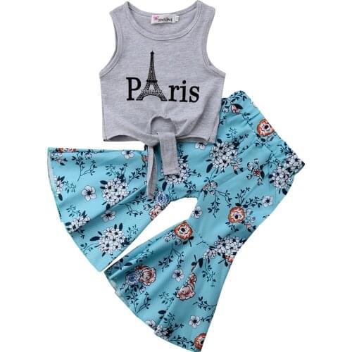 Toddler Baby Girl Sleeveless Letter Vest+Wide Leg Flared Bell Bottom Floral Pant 2PCS arrival Outfit Set 1-5T