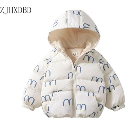 Winter Childrens Cotton Padded Clothes Baby Letter Solid Black Down Hooded Clothing Coat New Boys and Girl Baby Coat Light Down