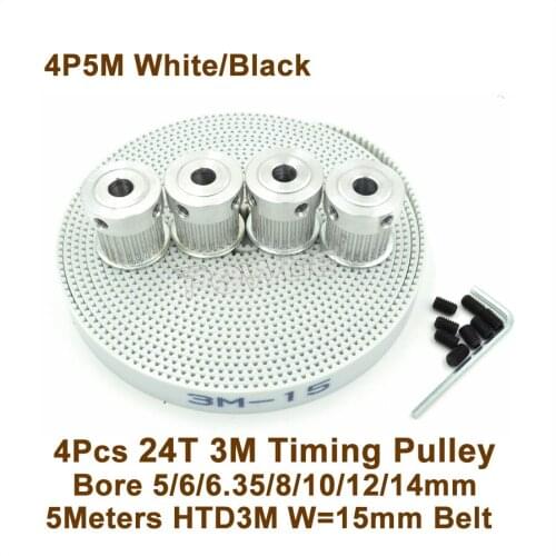 POWGE 4pcs 24 Teeth 3M Timing Pulley 5/6/6.35/8/10/12/14mm + 5meters W=15mm HTD 3M PU Synchronous Belt 24T 24Teeth 3M Pulley
