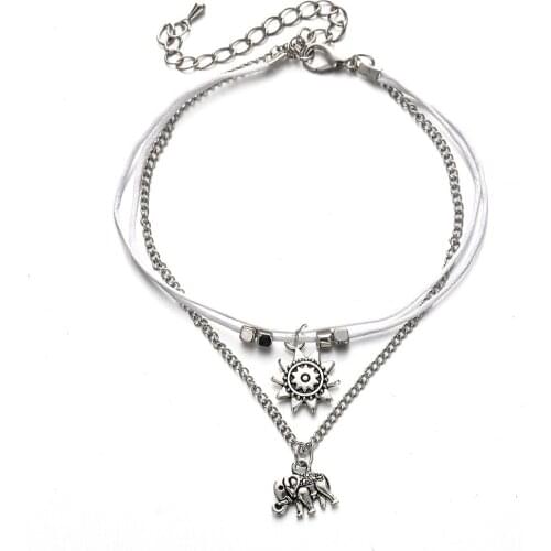 12 pieces/lot Ankle Bracelet Sun Elephant Anklet For Women Antique Silver Color Beads Charms Leg Foot Chain Statement Jewelry