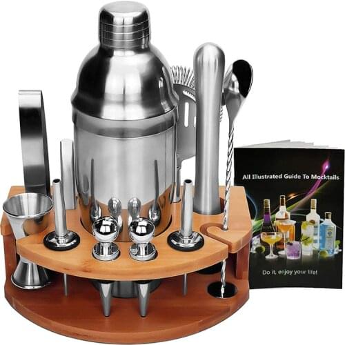 14Pcs Cocktail Set Cocktail Maker Barware 750ml Stainless Steel Cocktail Shaker Bartender Bar DIY Drink Mixer with Bamboo Stand