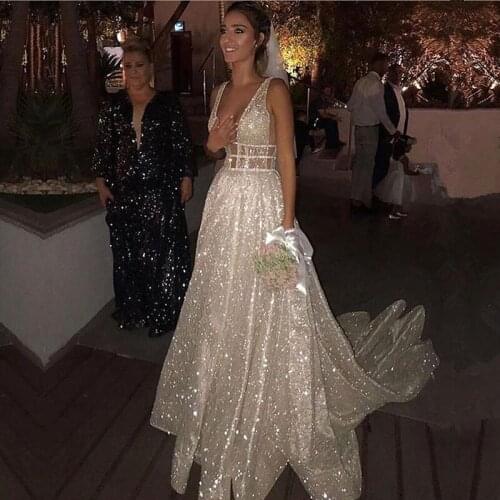 Sparkly Glitter Tulle Wedding Dresses A Line Backless Sequined V Neck Boho Wedding Bride Gowns Robe De Soiree Sleeveless