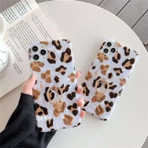 Phone Case sFor Coque iPhone 11 Pro Max 7 8 Plus X XR XS Max Case Fashion With Ring Leopard Glossy Soft Silicone TPU Cover Capa