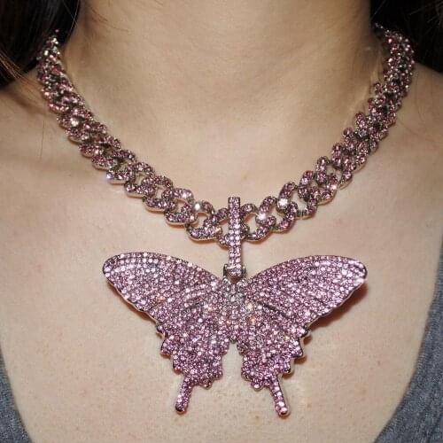 Rose Gold Pink crystal butterfly pendant necklace women hip hop miami cuban link chain 12mm rapper rock iced out choker jewelry