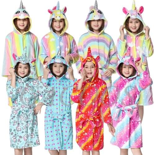 Unicorn Hooded Children Bathrobes Baby Rainbow Bath Robe Animal For Big Boys Girls Pyjamas Nightgowns Kids Sleepwear 3-13Years