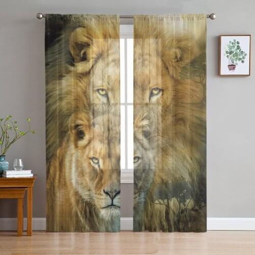 Wild Animal African Lion Print Sheer Window Panel Curtains Room for Living Room Bedroom Kitchen Room Chiffon Tulle Curtains